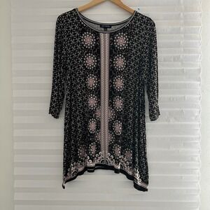 Max Edition Womens Black Pink Medallion Print Sharkbite Hem Tunic Top L Pullover